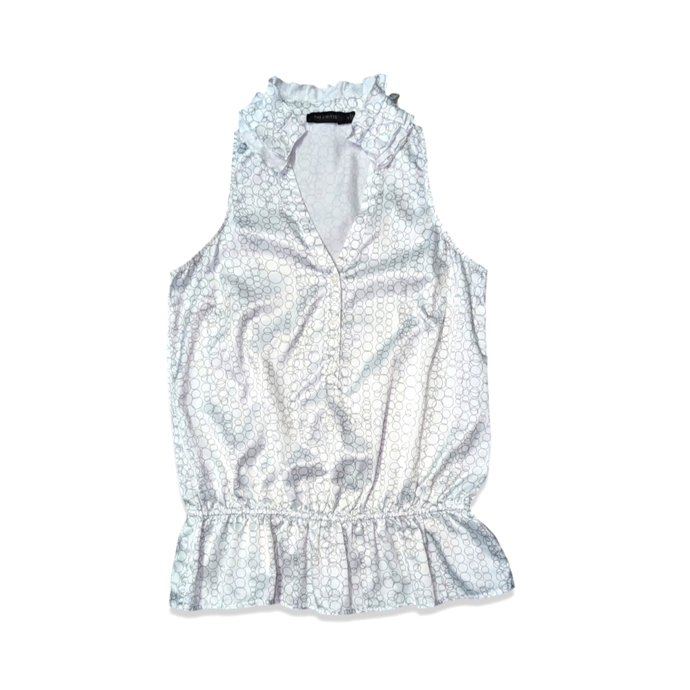 🥚THE LIMITED BLOUSON RUFFLE V-NECK SLEEVELESS TOP WHITE WITH SILVER GEO-CIRCLES
